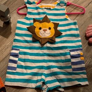 Mud Pie Blue and White Striped Romper with Lion Appliqué